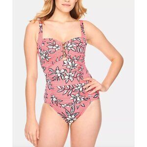 Swim Solutions Womens Swimsuit Sz 14 Catalina 1-Piece Pink Floral Ruched Cottage
